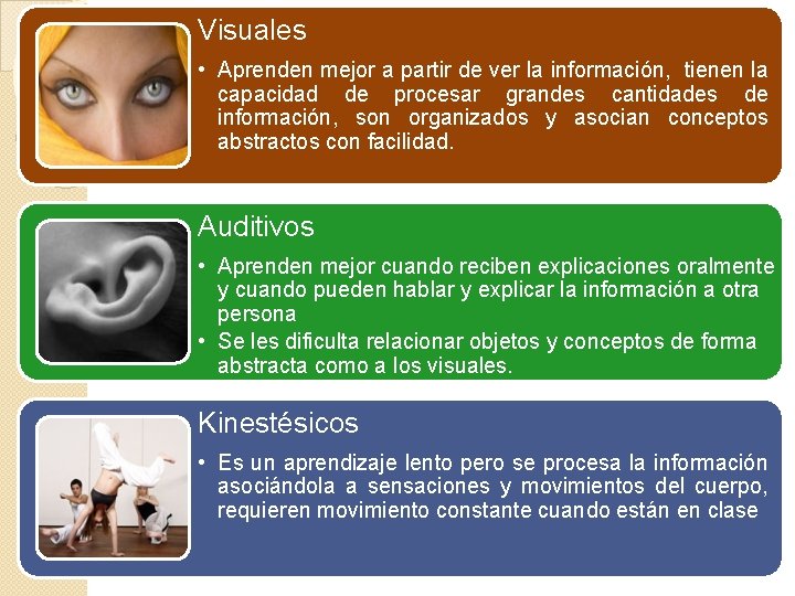 Visuales • Aprenden mejor a partir de ver la información, tienen la capacidad de