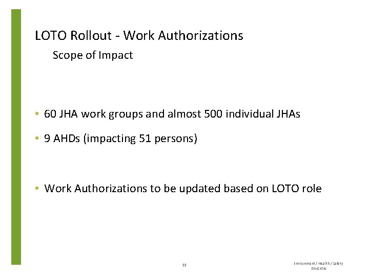 LOTO Rollout - Work Authorizations Scope of Impact • 60 JHA work groups and