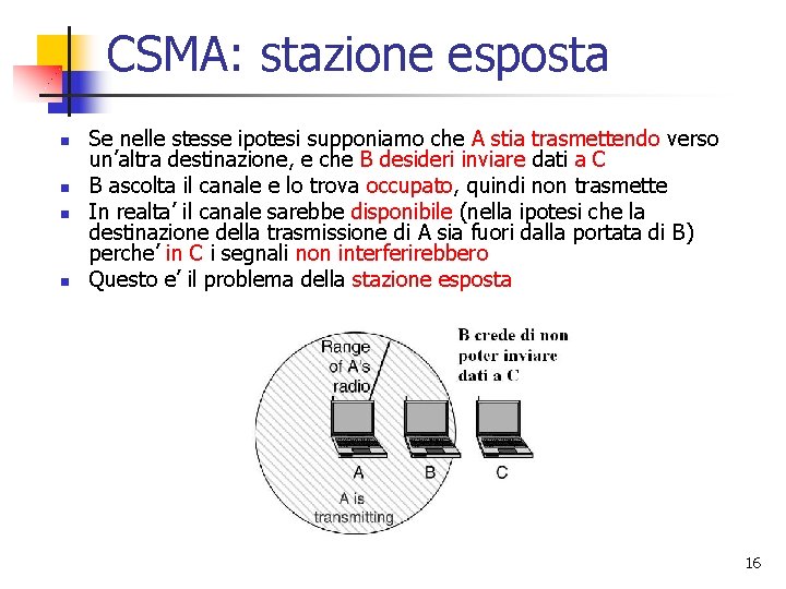 CSMA: stazione esposta n n Se nelle stesse ipotesi supponiamo che A stia trasmettendo