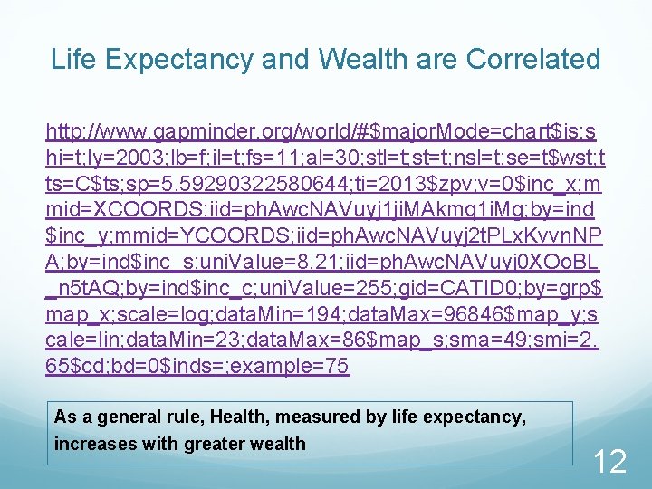 Life Expectancy and Wealth are Correlated http: //www. gapminder. org/world/#$major. Mode=chart$is; s hi=t; ly=2003;