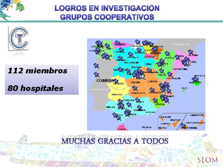LOGROS EN INVESTIGACIÓN GRUPOS COOPERATIVOS 10 112 miembros COIMBRA 80 hospitales 15 7 MUCHAS