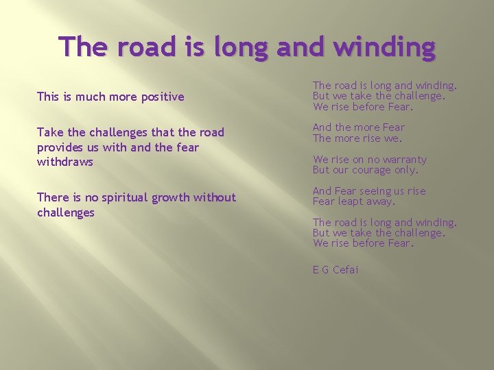 The road is long and winding This is much more positive Take the challenges