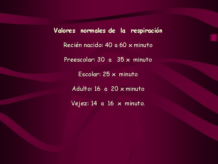 Valores normales de la respiración Recién nacido: 40 a 60 x minuto Preescolar: 30