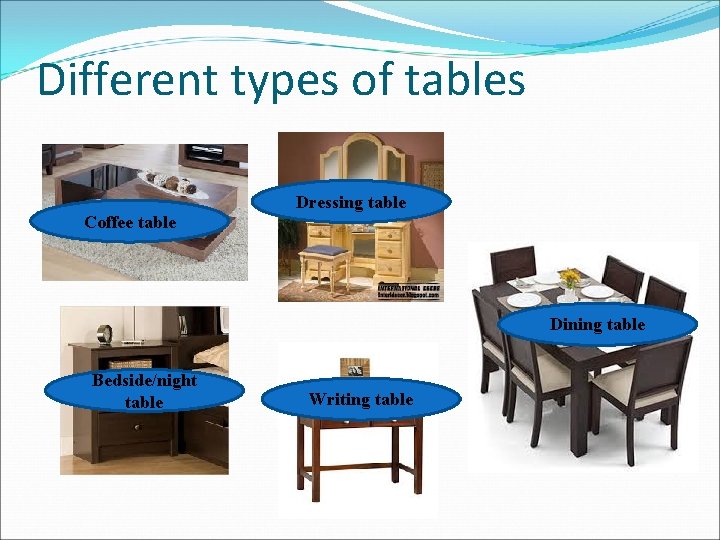 Different types of tables Dressing table Coffee table Dining table Bedside/night table Writing table