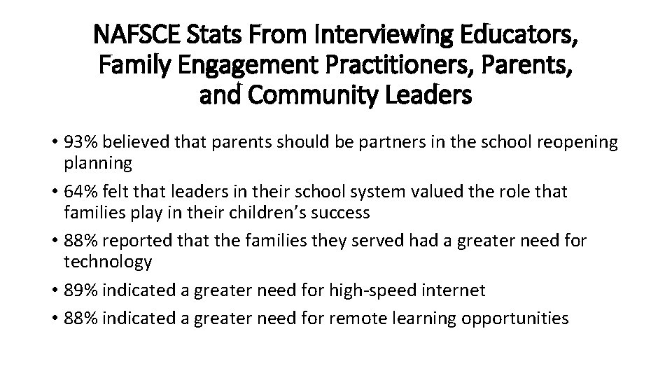 NAFSCE Stats From Interviewing Educators, Family Engagement Practitioners, Parents, and Community Leaders • 93%