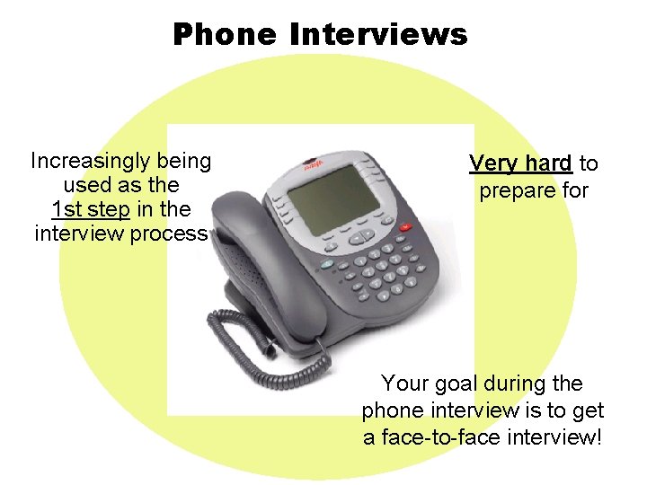 Phone Interviews Increasingly being used as the 1 st step in the interview process