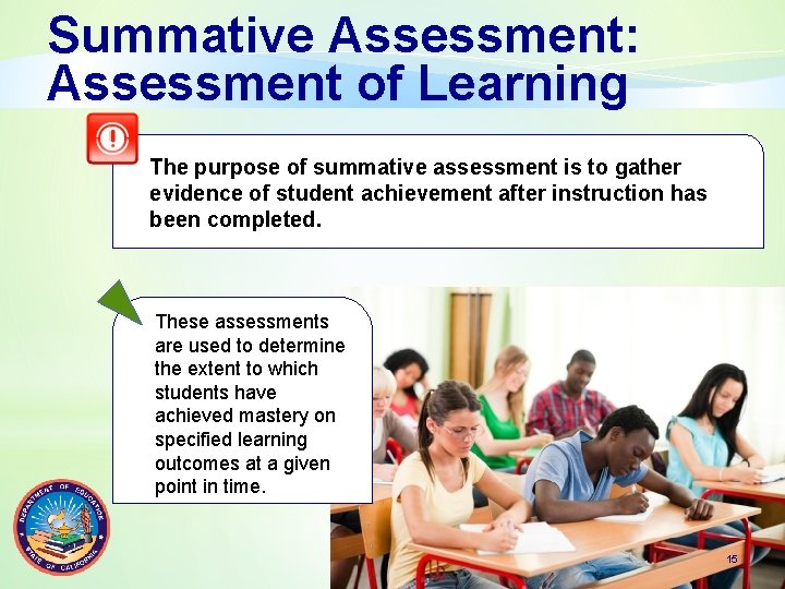 Summative Assessment: Assessment of Learning The purpose of summative assessment is to gather evidence