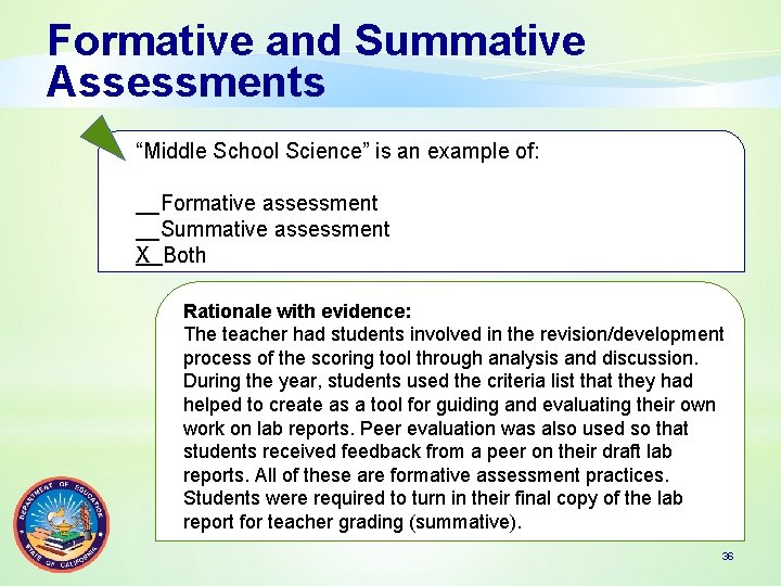 Formative and Summative Assessments “Middle School Science” is an example of: __Formative assessment __Summative