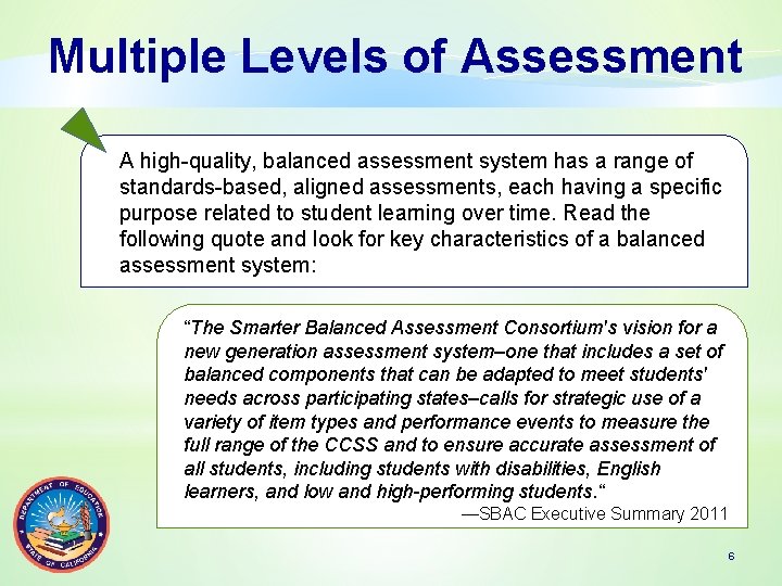 Multiple Levels of Assessment A high-quality, balanced assessment system has a range of standards-based,