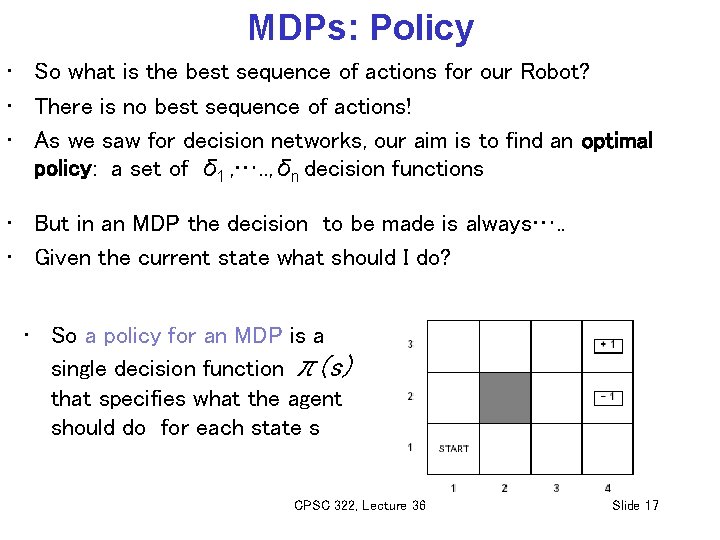 MDPs: Policy • So what is the best sequence of actions for our Robot?