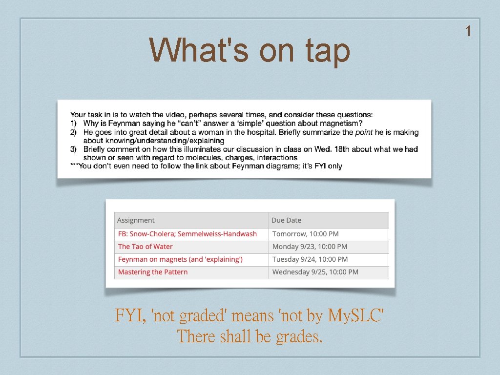 What's on tap FYI, 'not graded' means 'not by My. SLC' There shall be