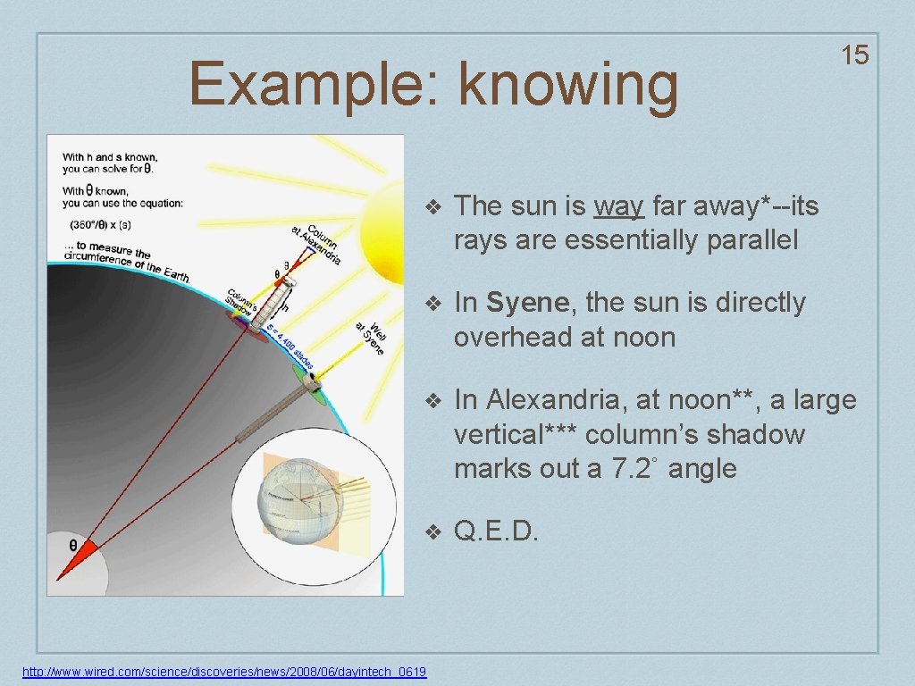 Example: knowing 15 ❖ The sun is way far away*--its rays are essentially parallel