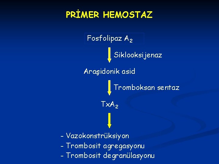 PRİMER HEMOSTAZ Fosfolipaz A 2 Siklooksijenaz Araşidonik asid Tromboksan sentaz Tx. A 2 -