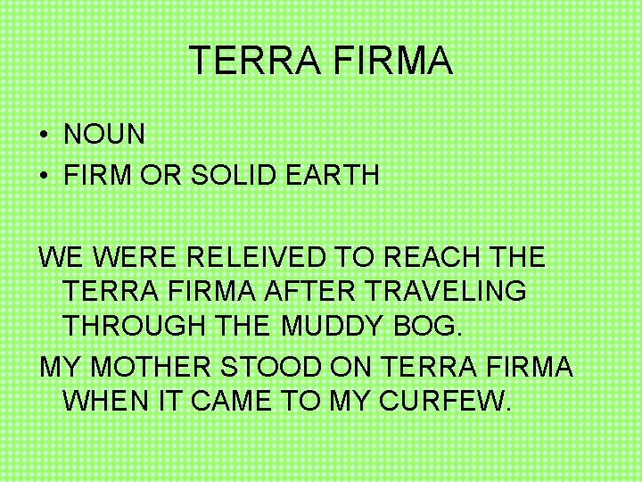 TERRA FIRMA • NOUN • FIRM OR SOLID EARTH WE WERE RELEIVED TO REACH