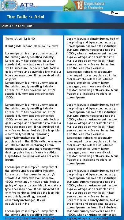 Titre Taille 14, Arial P… Auteur : Taille 10, Arial Texte : Arial, Taille