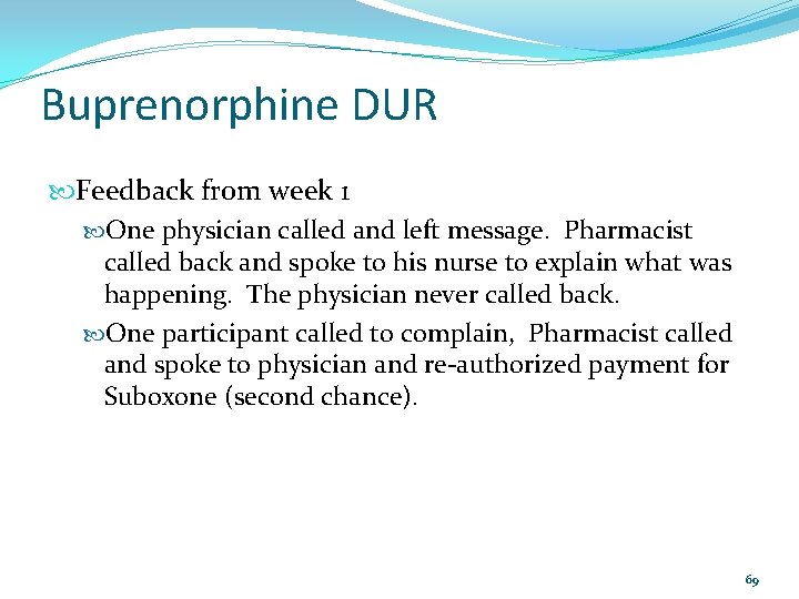 Buprenorphine DUR Feedback from week 1 One physician called and left message. Pharmacist called