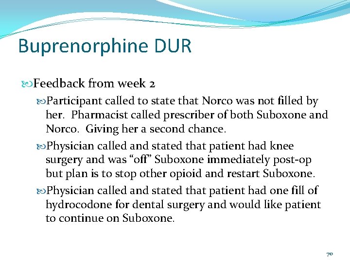 Buprenorphine DUR Feedback from week 2 Participant called to state that Norco was not