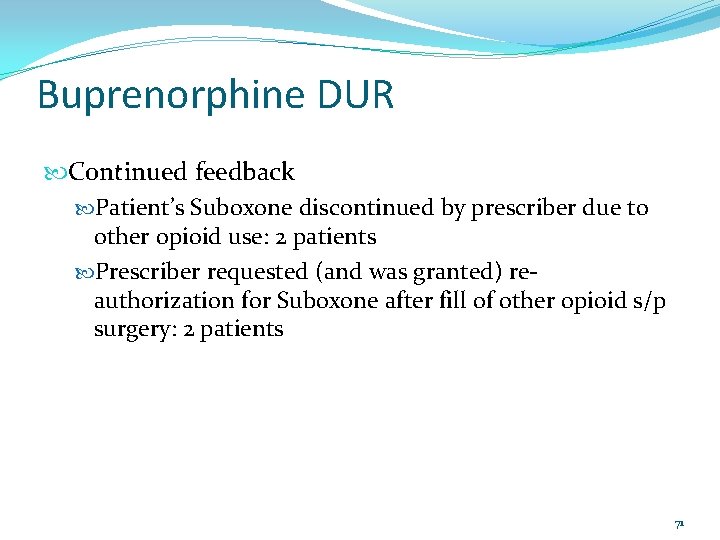 Buprenorphine DUR Continued feedback Patient’s Suboxone discontinued by prescriber due to other opioid use: