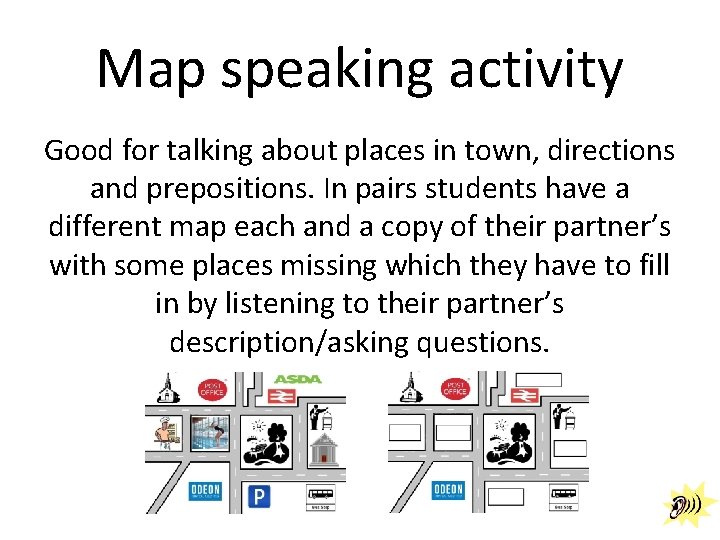 Map speaking activity Good for talking about places in town, directions and prepositions. In