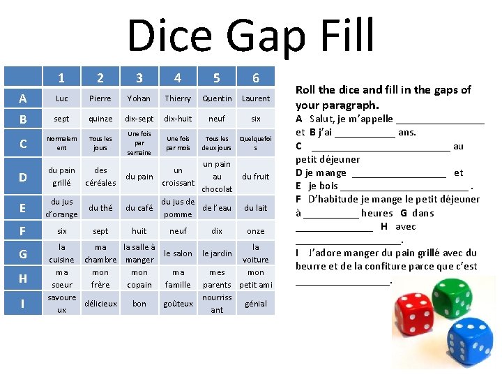 Dice Gap Fill 1 2 3 4 5 6 A Luc Pierre Yohan Thierry