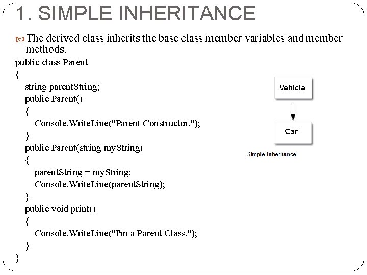 1. SIMPLE INHERITANCE The derived class inherits the base class member variables and member