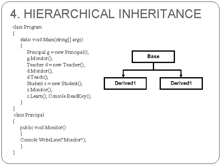 4. HIERARCHICAL INHERITANCE class Program { static void Main(string[] args) { Principal g =