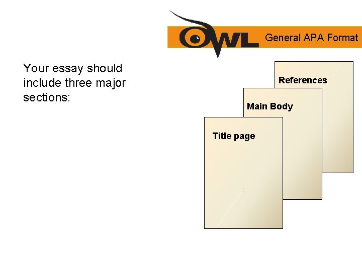 General APA Format Your essay should include three major sections: References Main Body Title