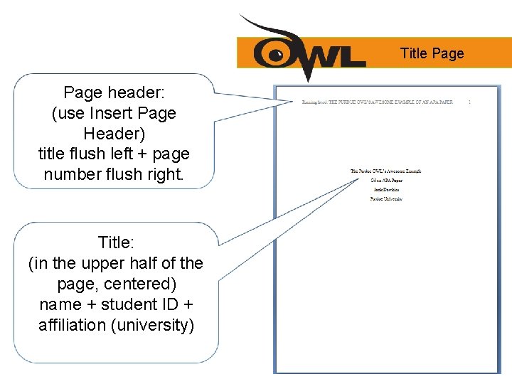 Title Page header: (use Insert Page Header) title flush left + page number flush