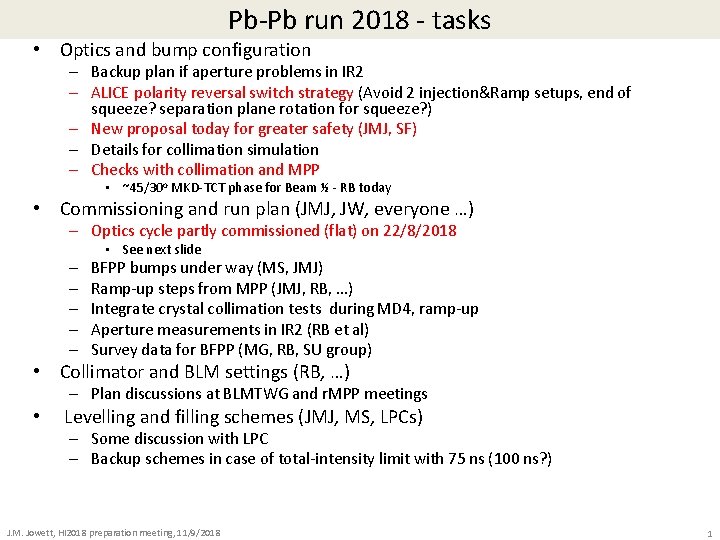 Pb-Pb run 2018 - tasks • Optics and bump configuration – Backup plan if
