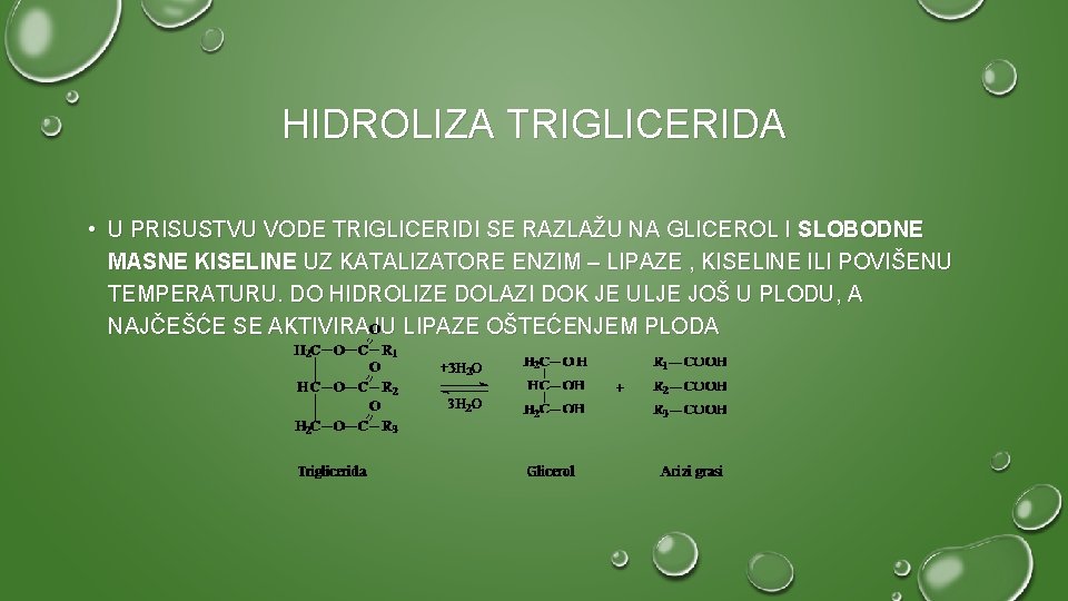 HIDROLIZA TRIGLICERIDA • U PRISUSTVU VODE TRIGLICERIDI SE RAZLAŽU NA GLICEROL I SLOBODNE MASNE