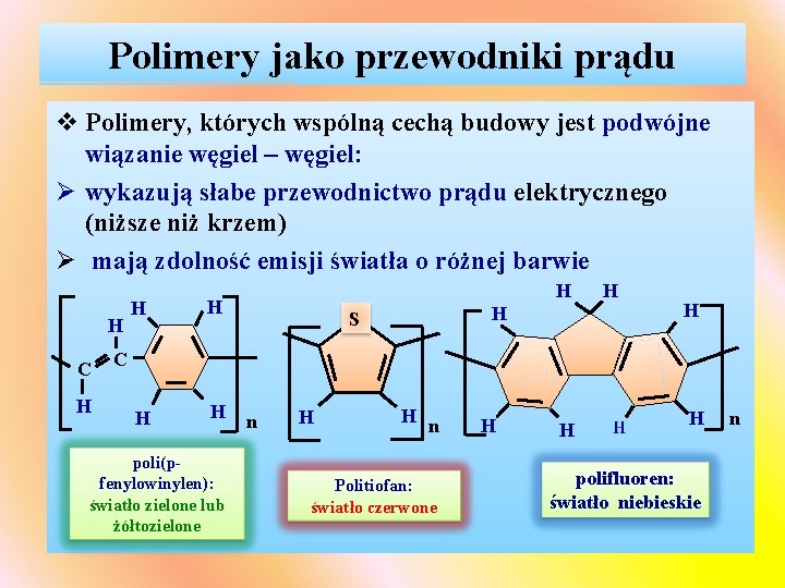 Polimery jako przewodniki prądu v Polimery, których wspólną cechą budowy jest podwójne wiązanie węgiel