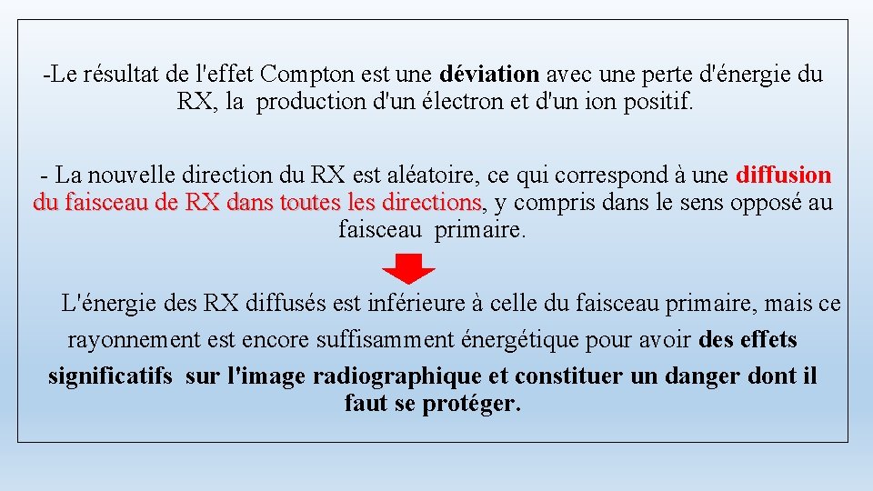 -Le résultat de l'effet Compton est une déviation avec une perte d'énergie du RX,