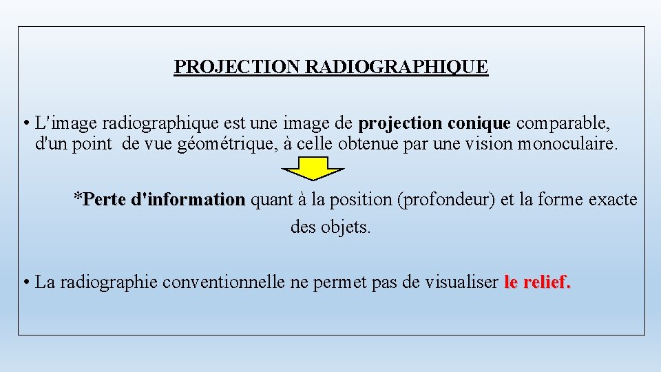 PROJECTION RADIOGRAPHIQUE • L'image radiographique est une image de projection conique comparable, d'un point