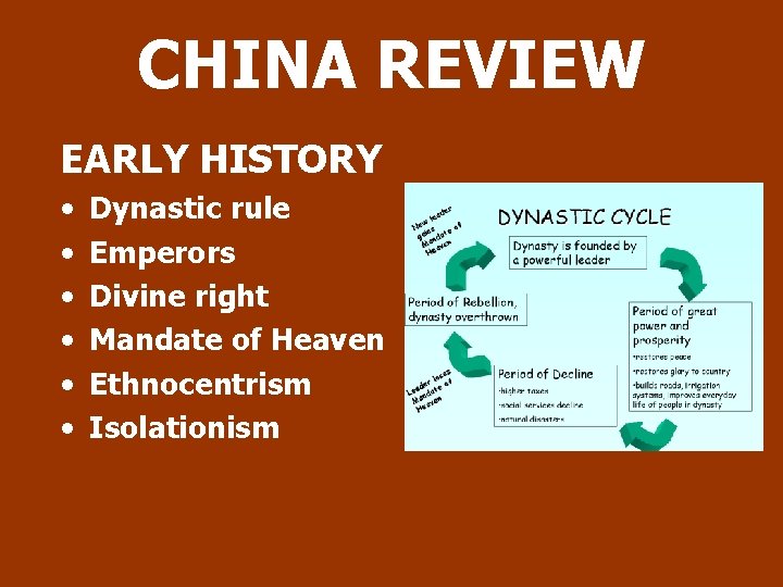 CHINA REVIEW EARLY HISTORY • • • Dynastic rule Emperors Divine right Mandate of