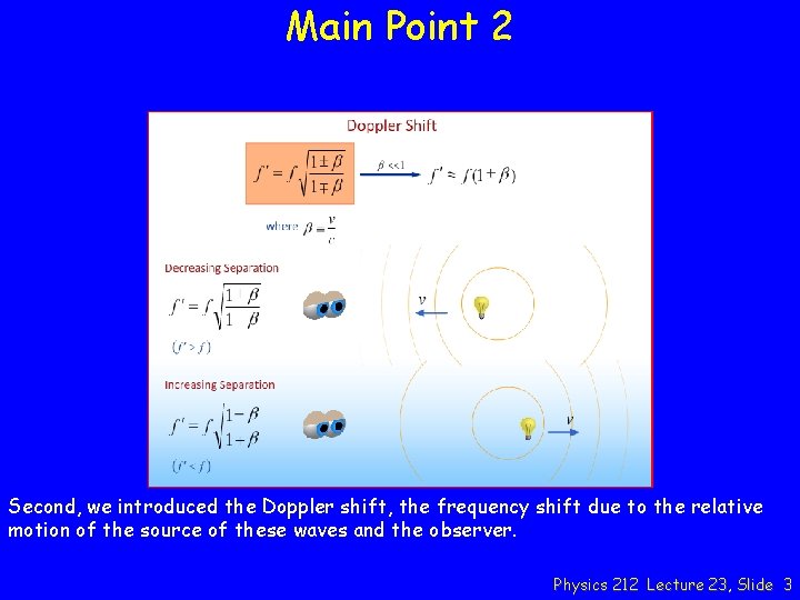 Main Point 2 Second, we introduced the Doppler shift, the frequency shift due to