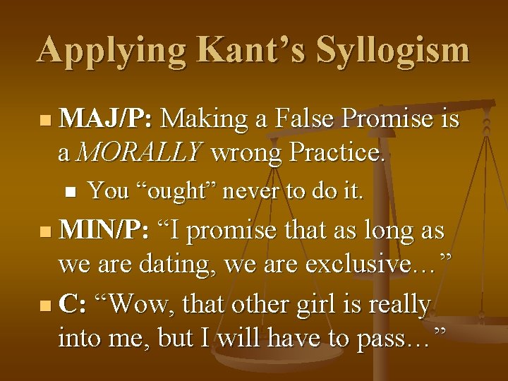 Applying Kant’s Syllogism n MAJ/P: Making a False Promise is a MORALLY wrong Practice.