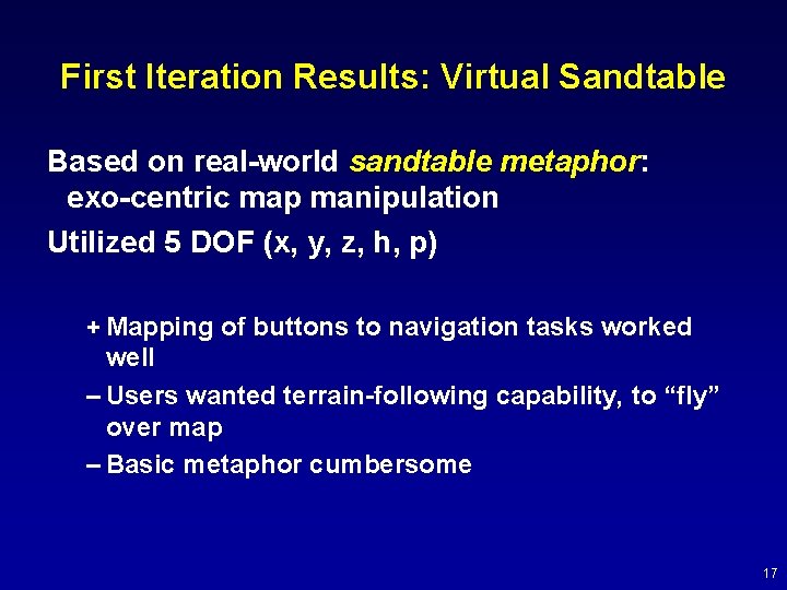 First Iteration Results: Virtual Sandtable Based on real-world sandtable metaphor: exo-centric map manipulation Utilized