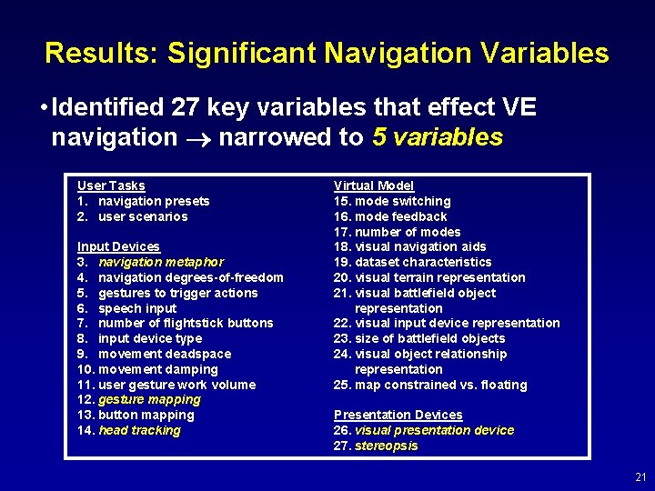 Results: Significant Navigation Variables • Identified 27 key variables that effect VE navigation narrowed