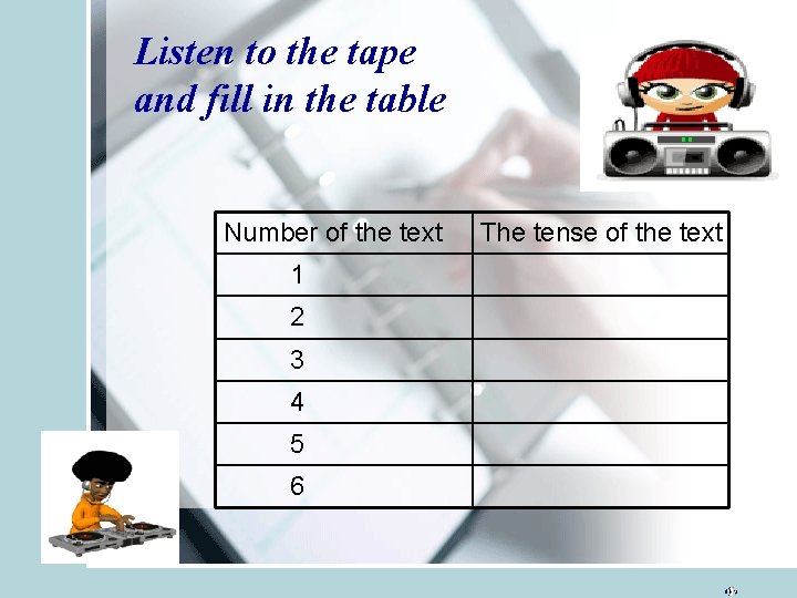 Listen to the tape and fill in the table Number of the text 1