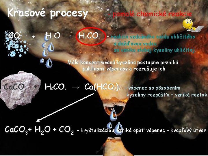 Krasové procesy - pomalé chemické reakcie CO 2 - reakcia vzdušného oxidu uhličitého +