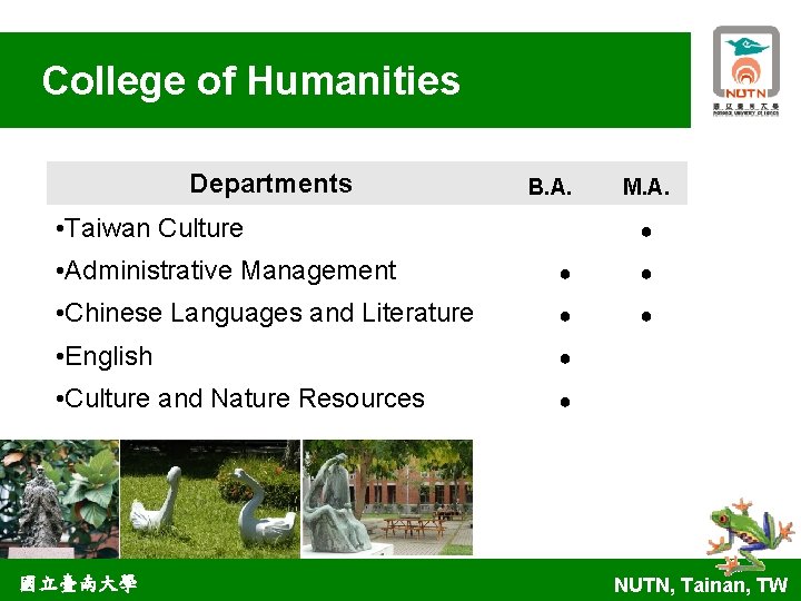 College of Humanities Departments B. A. • Taiwan Culture M. A. ● • Administrative