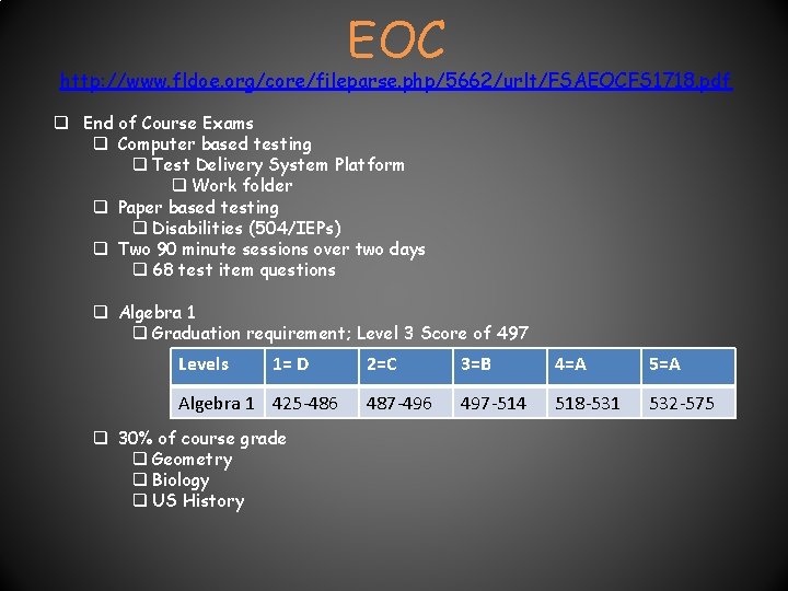 EOC http: //www. fldoe. org/core/fileparse. php/5662/urlt/FSAEOCFS 1718. pdf q End of Course Exams q EOC http: //www. fldoe. org/core/fileparse. php/5662/urlt/FSAEOCFS 1718. pdf q End of Course Exams q