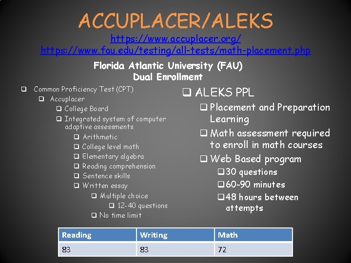 ACCUPLACER/ALEKS https: //www. accuplacer. org/ https: //www. fau. edu/testing/all-tests/math-placement. php Florida Atlantic University (FAU) ACCUPLACER/ALEKS https: //www. accuplacer. org/ https: //www. fau. edu/testing/all-tests/math-placement. php Florida Atlantic University (FAU)