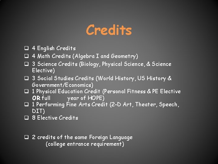 Credits q 4 English Credits q 4 Math Credits (Algebra I and Geometry) q Credits q 4 English Credits q 4 Math Credits (Algebra I and Geometry) q