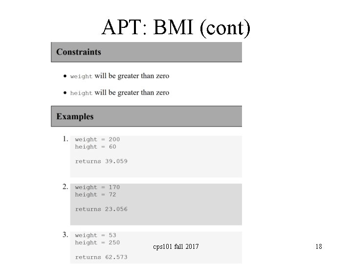 APT: BMI (cont) cps 101 fall 2017 18 