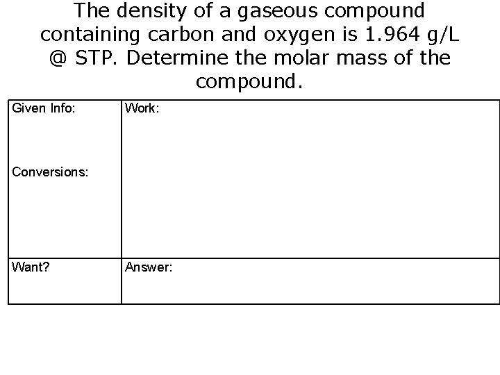 The density of a gaseous compound containing carbon and oxygen is 1. 964 g/L The density of a gaseous compound containing carbon and oxygen is 1. 964 g/L