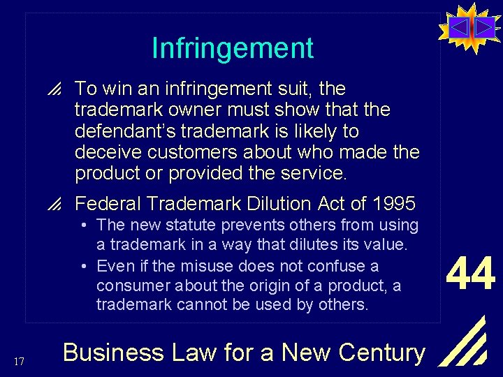 Infringement p To win an infringement suit, the trademark owner must show that the