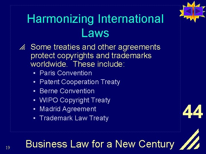 Harmonizing International Laws p Some treaties and other agreements protect copyrights and trademarks worldwide.