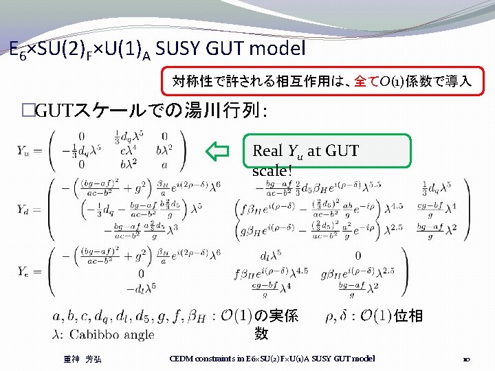 E 6×SU(2)F×U(1)A SUSY GUT model 対称性で許される相互作用は、全てO(1)係数で導入 �GUTスケールでの湯川行列: Real Yu at GUT scale! の実係 数 E 6×SU(2)F×U(1)A SUSY GUT model 対称性で許される相互作用は、全てO(1)係数で導入 �GUTスケールでの湯川行列: Real Yu at GUT scale! の実係 数