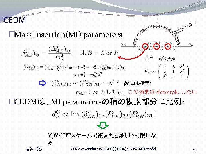 CEDM �Mass Insertion(MI) parameters (一般には複素) �CEDMは、MI parametersの積の複素部分に比例: YuがGUTスケールで複素だと厳しい制限にな る 重神 芳弘 CEDM constraints in CEDM �Mass Insertion(MI) parameters (一般には複素) �CEDMは、MI parametersの積の複素部分に比例: YuがGUTスケールで複素だと厳しい制限にな る 重神 芳弘 CEDM constraints in